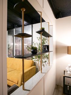 a living room filled with furniture next to a wall mounted shelf covered in potted plants