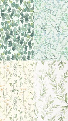 four different wallpapers with green leaves and flowers on them, all in various colors