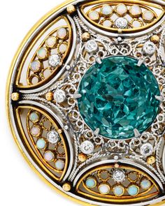 Gold, Platinum, Tourmaline, Opal and Diamond Brooch, Tiffany & Co., Designed by Louis Comfort Tiffany with Meta Overbeck:  The openwork circular design centering a round tourmaline, accented by round diamonds weighing approximately .30 carat, bordered by white opals, signed Tiffany & Co., scratch number 248, one opal missing; circa 1910. Circular Design, Art Nouveau Jewelry, Tiffany And Co, Emerald Earrings, Gold Platinum, Jewelry Lover