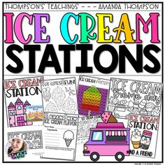 an ice cream station with the words ice cream stations written on it and pictures in front