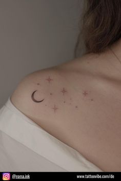 a woman's shoulder with stars and a crescent tattoo on her left side chest