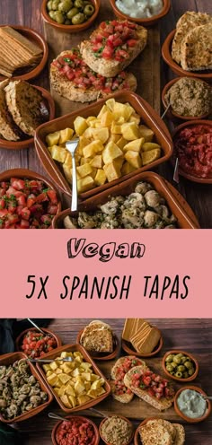 several different types of spanish tapas in wooden bowls on a table with text overlay