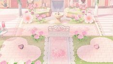 an animated scene with pink flowers on the ground and a fountain in the center surrounded by benches