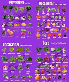 an image of fruits and vegetables labeled in different states of their names on a purple background