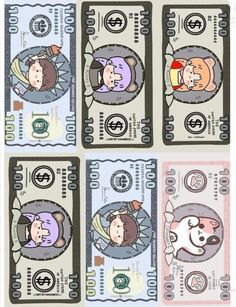 four bills with cartoon characters on them