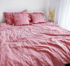 Linen bedding set, pink bedding set, vintage bedding set Ruffle Pillow Case, Pink Bedding Set, Ruffle Linen, Ruffle Pillow, Lit King Size, Linen Fabrics, Bedding Duvet, Flat Bed, Sleep Well