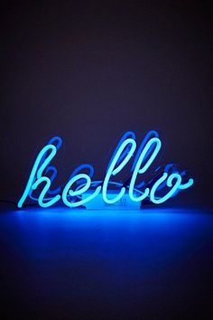 a neon sign that says hellos in blue light on a black background with the word hellos written below it