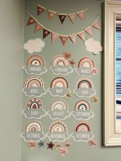 a bulletin board with rainbows, clouds and bunting flags on it in a room