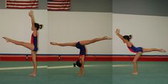 four pictures of a woman doing a handstand on one leg and another standing in the other