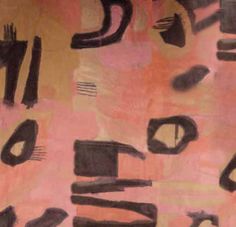 an abstract painting with black and pink paint on it's walls, including letters