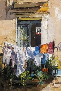 an oil painting of clothes hanging out to dry on a line in front of a building