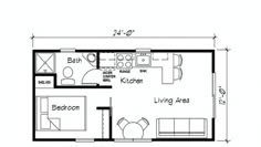 the floor plan for a small cabin with two bedroom and living room, as well as a