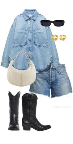 High Waisted Bermuda Denim Short Women > https://amzn.to/43S461J Oversized Denim Top > https://amzn.to/43fr3Mg White Shoulder Bag > https://amzn.to/43gzreg Black Cowboy Boots > https://amzn.to/45HgVxA Black Rectangle Sunglasses > https://amzn.to/3oJBg4n Gold Hoops > https://amzn.to/3oHUPtS Denim And Boots Outfit, Cowboy Boots Jean Shorts, Denim And Boots, Black Rectangle Sunglasses, Denim Cowgirl, Look Boho Chic, Black Cowboy Boots, Looks Country, Nashville Outfits