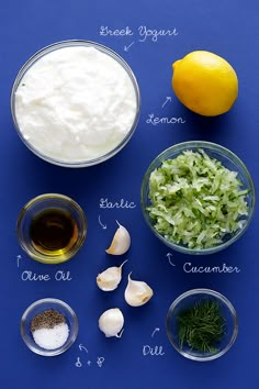 the ingredients to make this recipe are shown in separate bowls on a blue background, including lemons, garlic, and sour cream