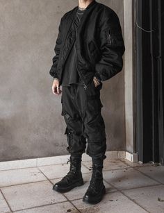 Techwear, Streetwear, Bomber Jacket, Jacket, Cargo Pants, Tech Pants, Emo, Black, Dark, Outfit, Black Outfit, All Black Outfit, Future, Futuristic, Darkwear, Cyberpunk, Chains, Eboy, Anime Boy, Kpop, Fashion, Streetstyle, Techno, Aesthetic, Photography, Urban, Urban Style, Boots, Combat Boots, cyberpunk edgerunners, edgerunners Tactical Wear Aesthetic Men, Techwear Men Outfit Aesthetic, Outfit Ideas Techwear