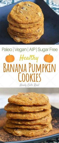 healthy banana pumpkin cookies are stacked on top of each other with the title above it