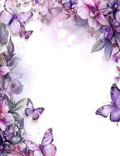 purple flowers and butterflies on a white background