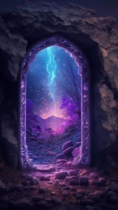 an open door to another world with lightning in the sky and rocks on either side