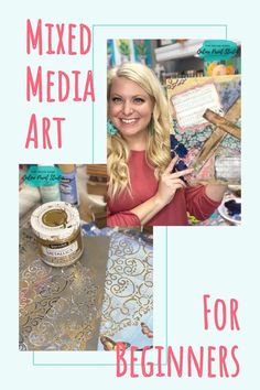 a woman is posing for a photo in front of her artwork work and the words mixed media art for beginners