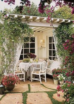 several pictures of outdoor furniture and flowers in the garden, including chairs, tables, and table cloths