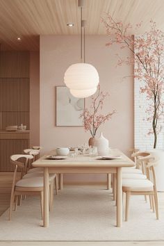 a dining room with pink walls and white chairs around a table that has a vase on it