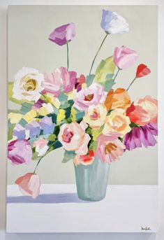 a painting of colorful flowers in a vase