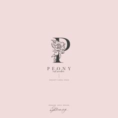 the logo for peony is shown in black and white on a pale pink background