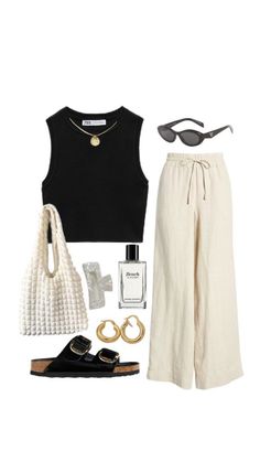 women's european summer fashion inspo, parisian outfits, timeless and classy, summer outfit ideas, summer 2024, linen pants, black tank, how to style black sweater vest, black sunnies, vintage outfits, spring outfits, date night, free people bag, tote bag, weekend bag, summer bag, birkenstocks, how to style birks, black sandals, fragrance, outfit layout, summer style, trendy fashion, trending, tan pants, how to style linen pants, women's pants, jewelry, gold, earrings, gold hoops, pendant necklace, cute clothes, teen clothes, 20 year old clothes, what to wear on date night, vacation outfits, what to wear on vacation, what to wear in europe, packing for vacation, where to shop for cute clothes, staple wardrobe, minimal, minimalist, dinner outfit, zara top, claw clip Europe Outfits, Italy Outfits, Mode Casual, Looks Street Style, Mode Inspo, Summer Fashion Outfits, Looks Style, Casual Style Outfits, Mode Inspiration