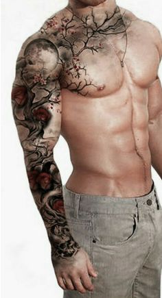 a man with tattoos on his arm and chest standing in front of a white background