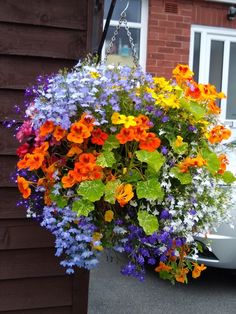 a hanging basket filled with colorful flowers next to a car parked in front of a house