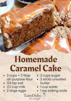 homemade caramel cake recipe with instructions on the side