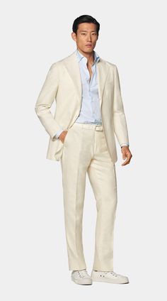 Off-White Relaxed Fit Roma Suit in Wool Silk Linen White Tailored Pants For Semi-formal Occasions, White Business Suit With Suit Collar, White Business Blazer With Concealed Placket, Classic White Flat Front Pants, White Tailored Notch Lapel Sets, White Suits With Hidden Button Closure And Lapel Collar, Tailored White Pants With Pressed Crease, Semi-formal White Blazer With Concealed Placket, White Blazer With Concealed Placket For Semi-formal Occasions