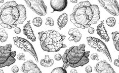 a bunch of vegetables are shown in this black and white illustration, including lettuce