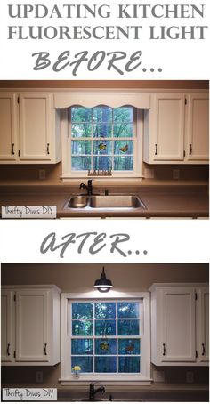 before and after pictures of kitchen cabinets with the words, updating kitchen fluorescent light before and after