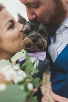 a bride and groom kissing their small dog