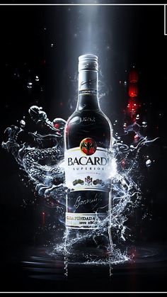 a bottle of bacardi with water splashing around it