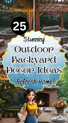 an outdoor backyard decor idea with text overlaying the image