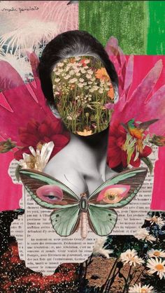 an altered collage with flowers and butterflies on it's face, in front of a book page