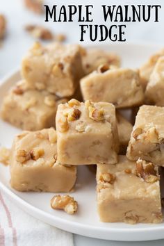 maple walnut fudge on a white plate with the title in black text above it