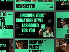 the front and back pages of an advertising campaign for topstuff, featuring images of women in green outfits