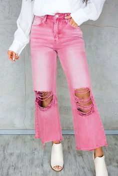 Step into timeless style with these Peach Blossom Distressed Hollow-out High Waist Cropped Flare Jeans. Embrace the 90s vintage look with a fashion-forward distressed hollow-out design that's both chic and versatile. The wide leg with a raw edge creates a slim and trendy silhouette, perfect for both formal and casual occasions. The cropped-length cut adds a modern flair, making these jeans a must-have for any fashion-forward wardrobe. Casual Wide Leg Pink Flare Jeans, Casual Pink Wide Leg Flare Jeans, Pink High Waist Cotton Flare Jeans, Casual High-rise Pink Flare Jeans, Pink Fitted High-rise Flare Jeans, High Waist Flare Jeans, Cropped Flare Jeans, Peach Blossom, Printed Wide Leg Pants