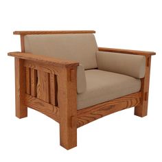 a wooden chair with beige upholstered cushions