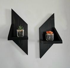 two black shelves with plants on them against a white wall and one has a potted succulent in it