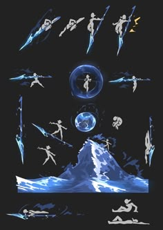 an image of some people on skis in the snow with mountains and stars around them