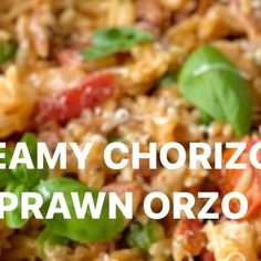 a close up of food with the words steamy chorizzoff and prawn orzo