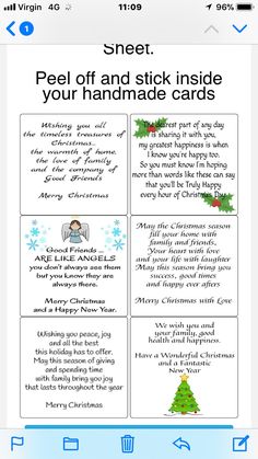 a christmas card with the words, feelings and pictures on it's front page