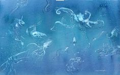 an ocean scene with octopuses and other marine creatures in blue water, as well as sea animals