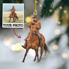 a christmas ornament with an image of a cowboy riding a horse on it