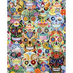 a large group of colorful sugar skulls