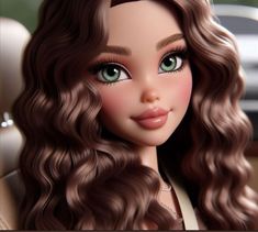 a close up of a doll with long brown hair and green eyes, sitting in a car